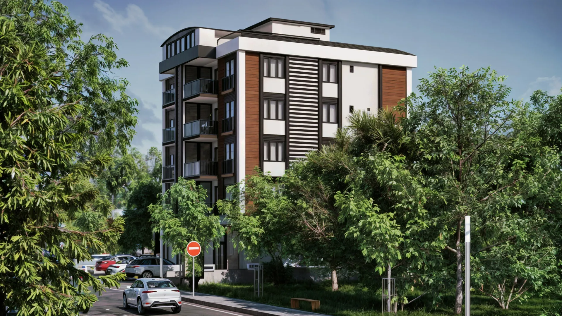 Aesthetic facade design related to the view and the road.