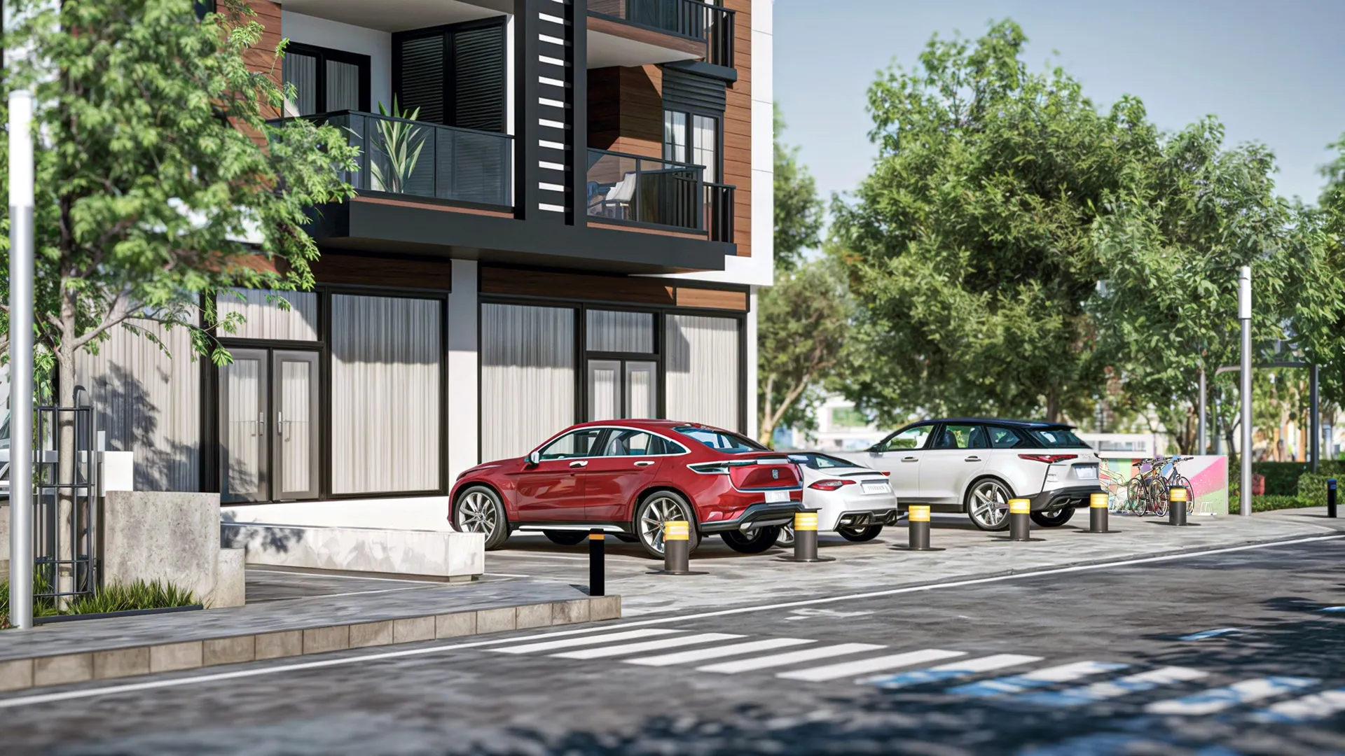 Parking areas in front of the commercial area.