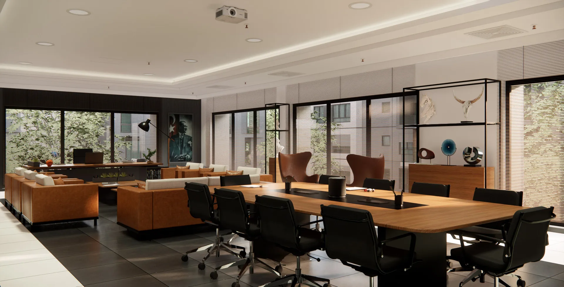 Interior color palette focusing on black, white, and brown tones.