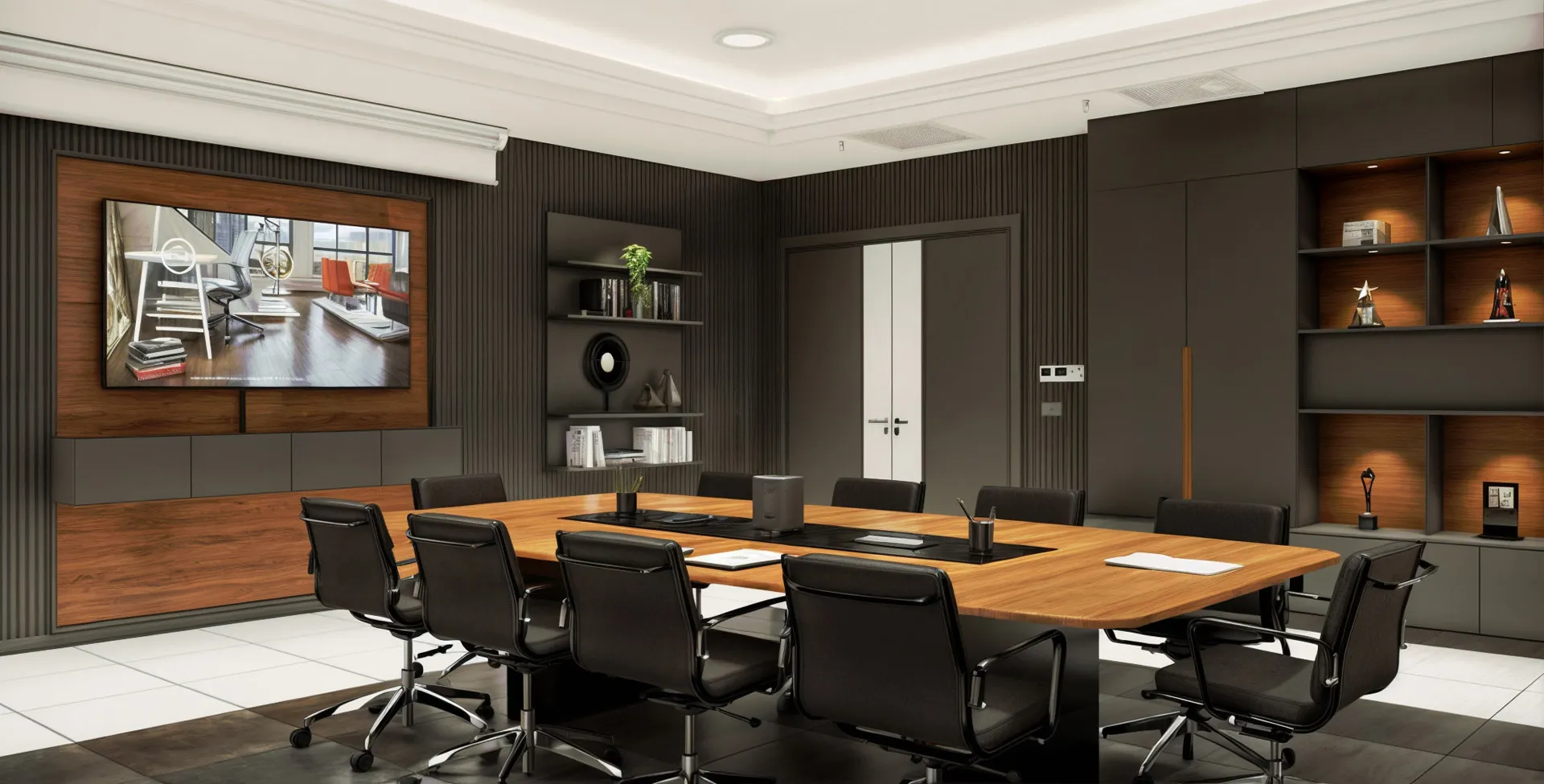 Meeting table and TV/projection area designed for presentations.