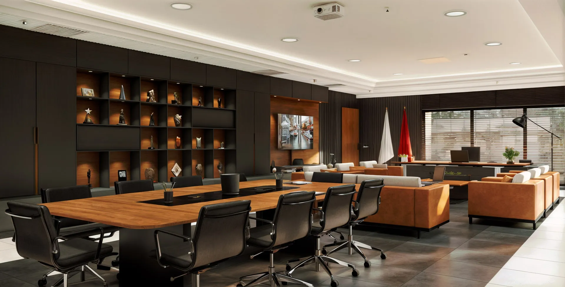 A cabinet for displaying achievement plaques and important awards was designed. It presents a strong presence next to the meeting table.