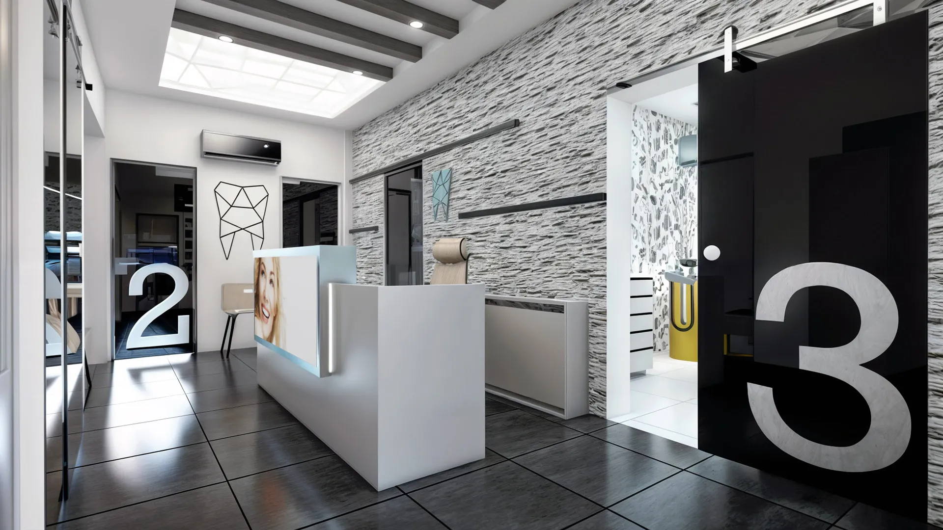 Light colors in white tones were used in the entrance, reception, and waiting area to emphasize cleanliness.