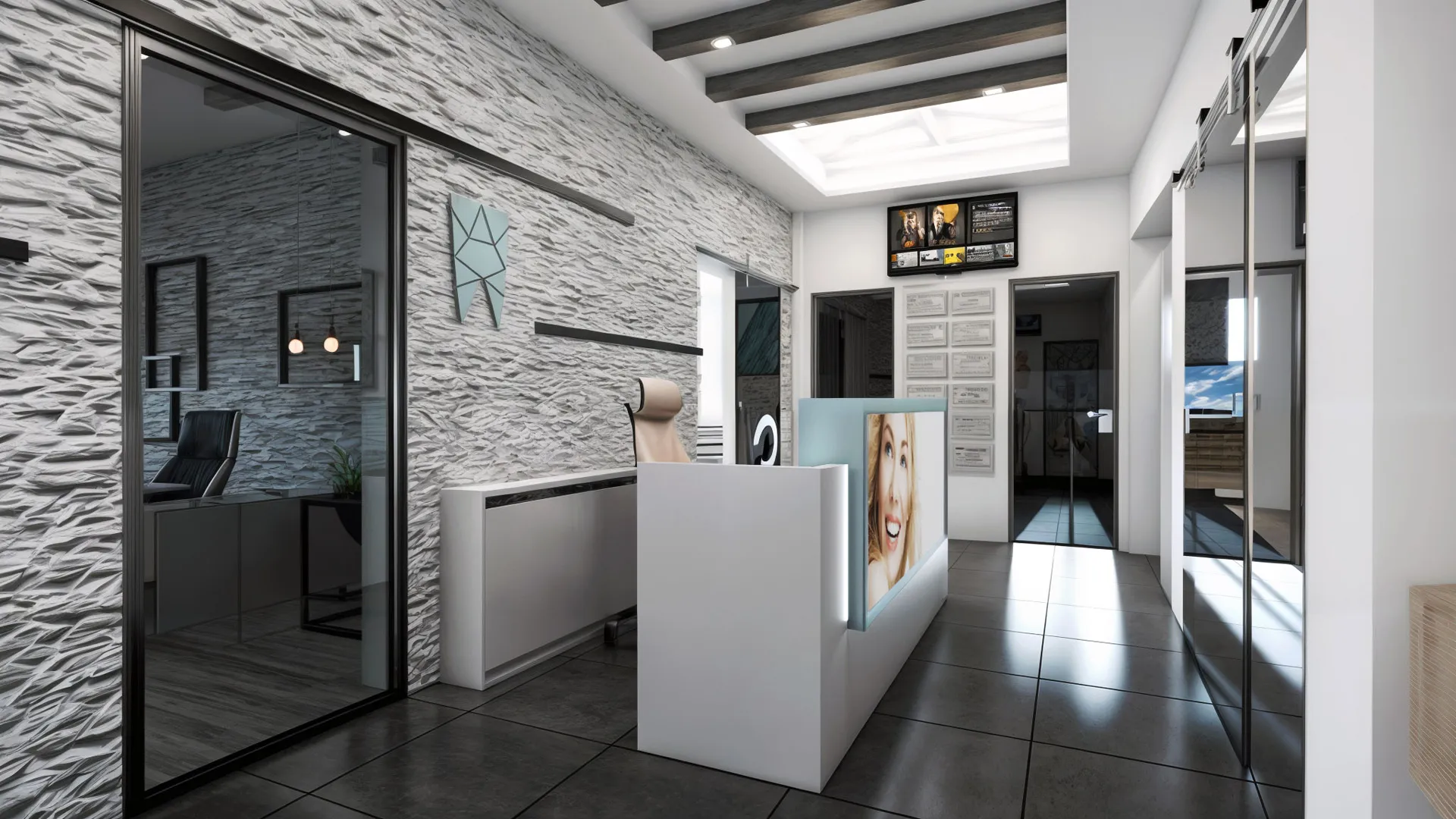 The reception desk directly faces the entrance. Additionally, a section for displaying educational certificates was considered here to impress visitors.
