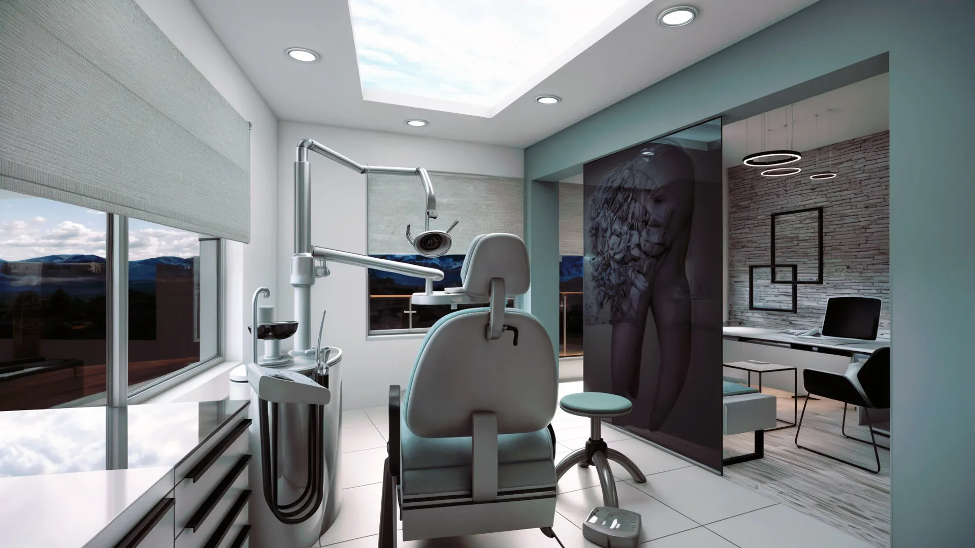 The executive area and the examination area are separated by a semi-transparent glass.