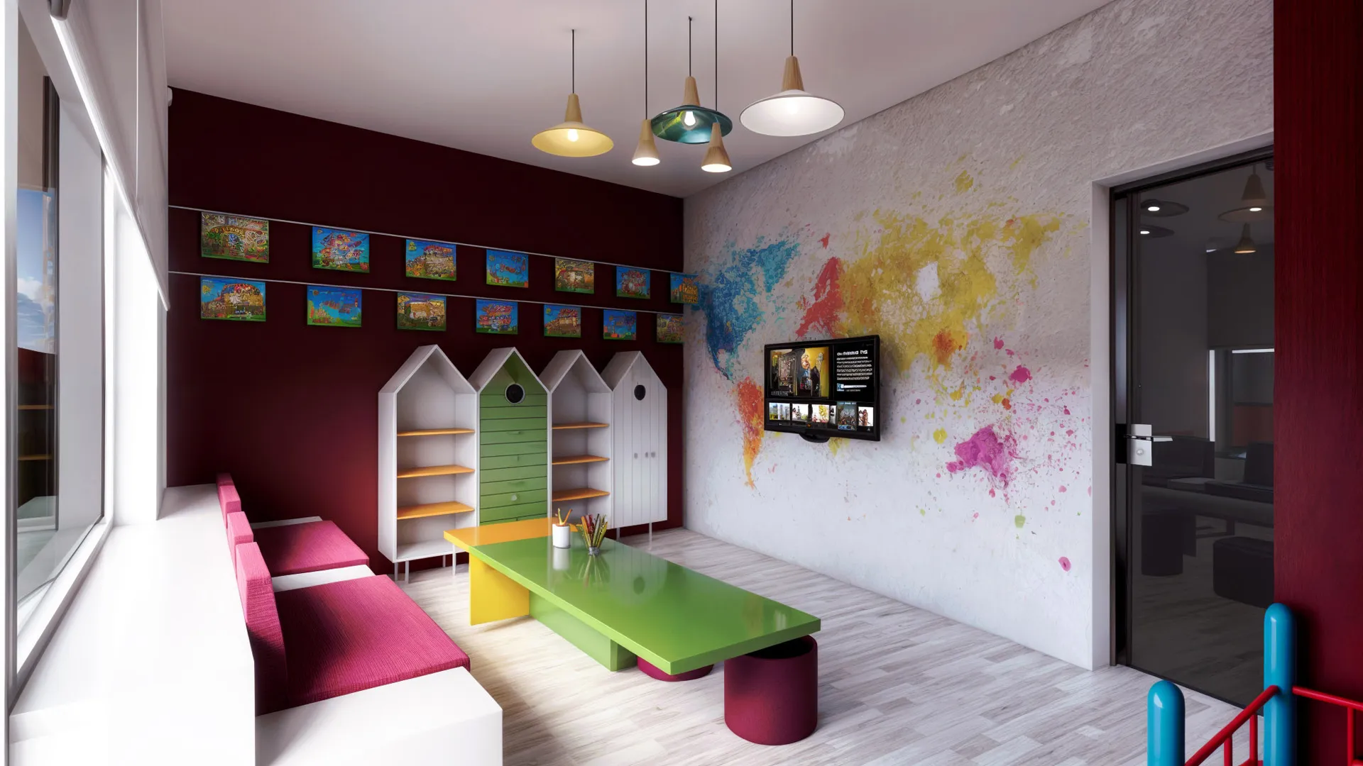 A children's waiting room has been designed with activities such as play areas, memory corner, and book reading corner.