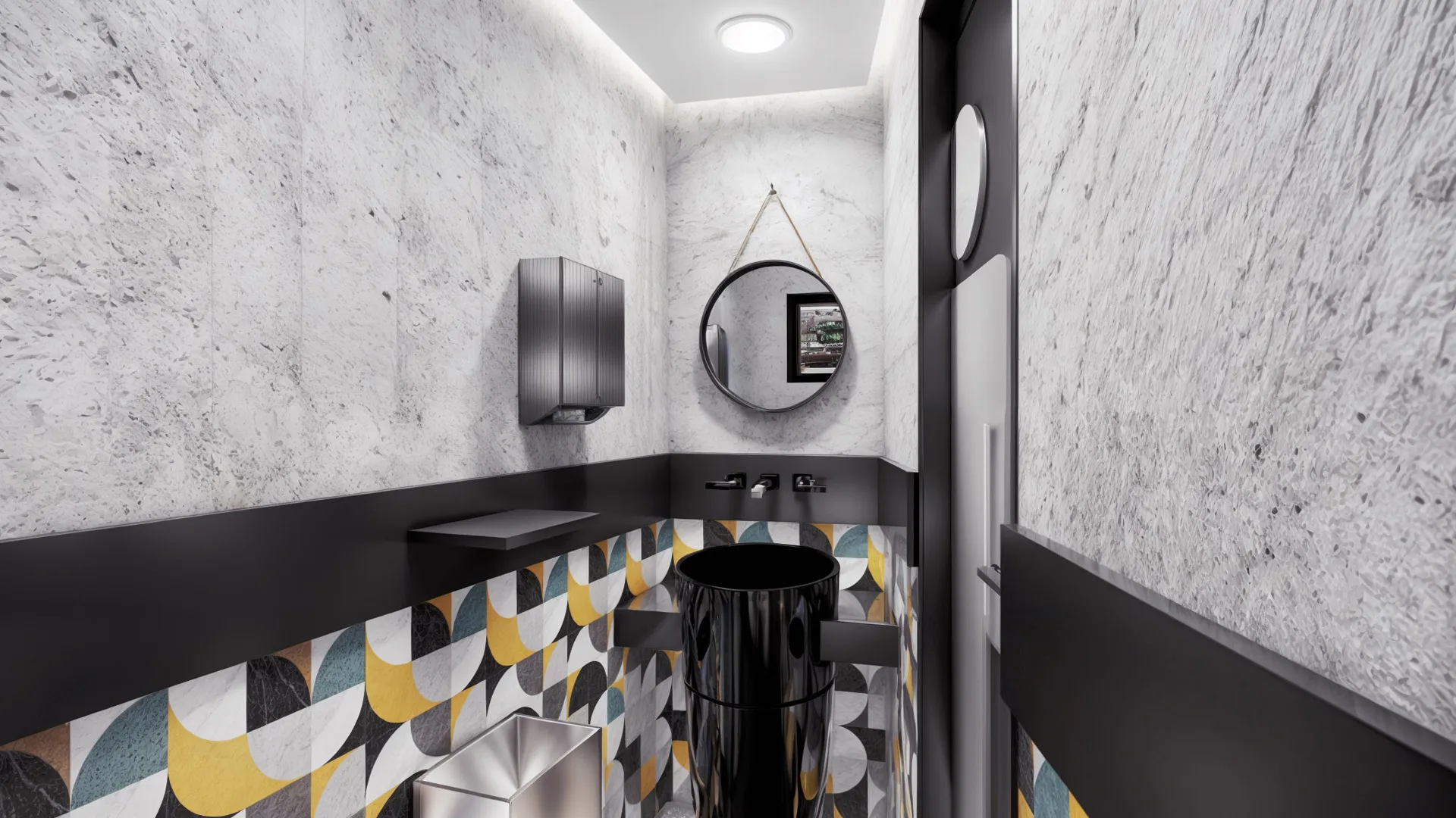 Restrooms have been designed in a very elegant, chic manner and in line with the clinic's color palette.