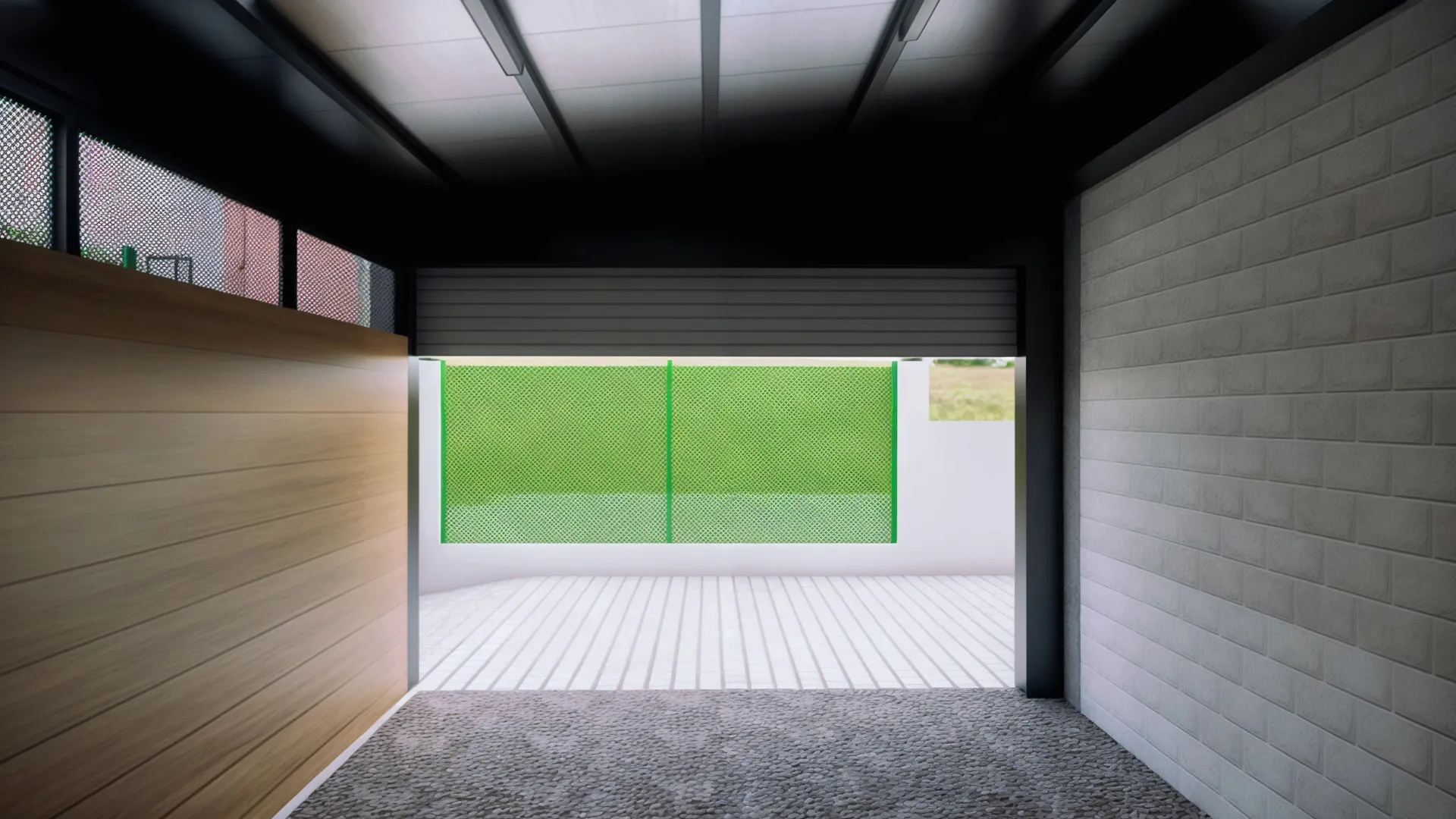 The closed garage floor has been made of compacted gravel material to allow easy access to infrastructure pipes.