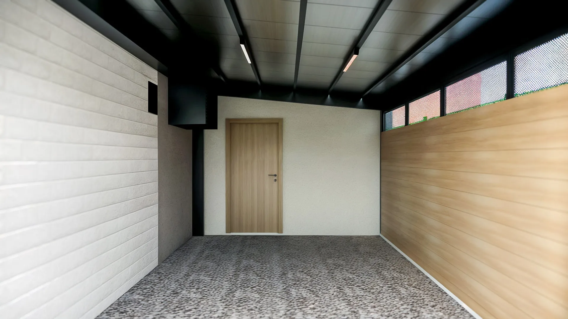 Since the air conditioner outdoor unit coincides with the garage area and cannot be moved elsewhere, the garage section has been designed to allow air circulation.