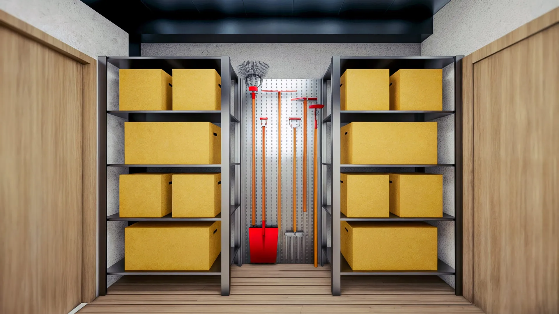 Storage cabinets and spaces for garden equipment have been created in the storage area; access has been provided both from the garage and the garden.