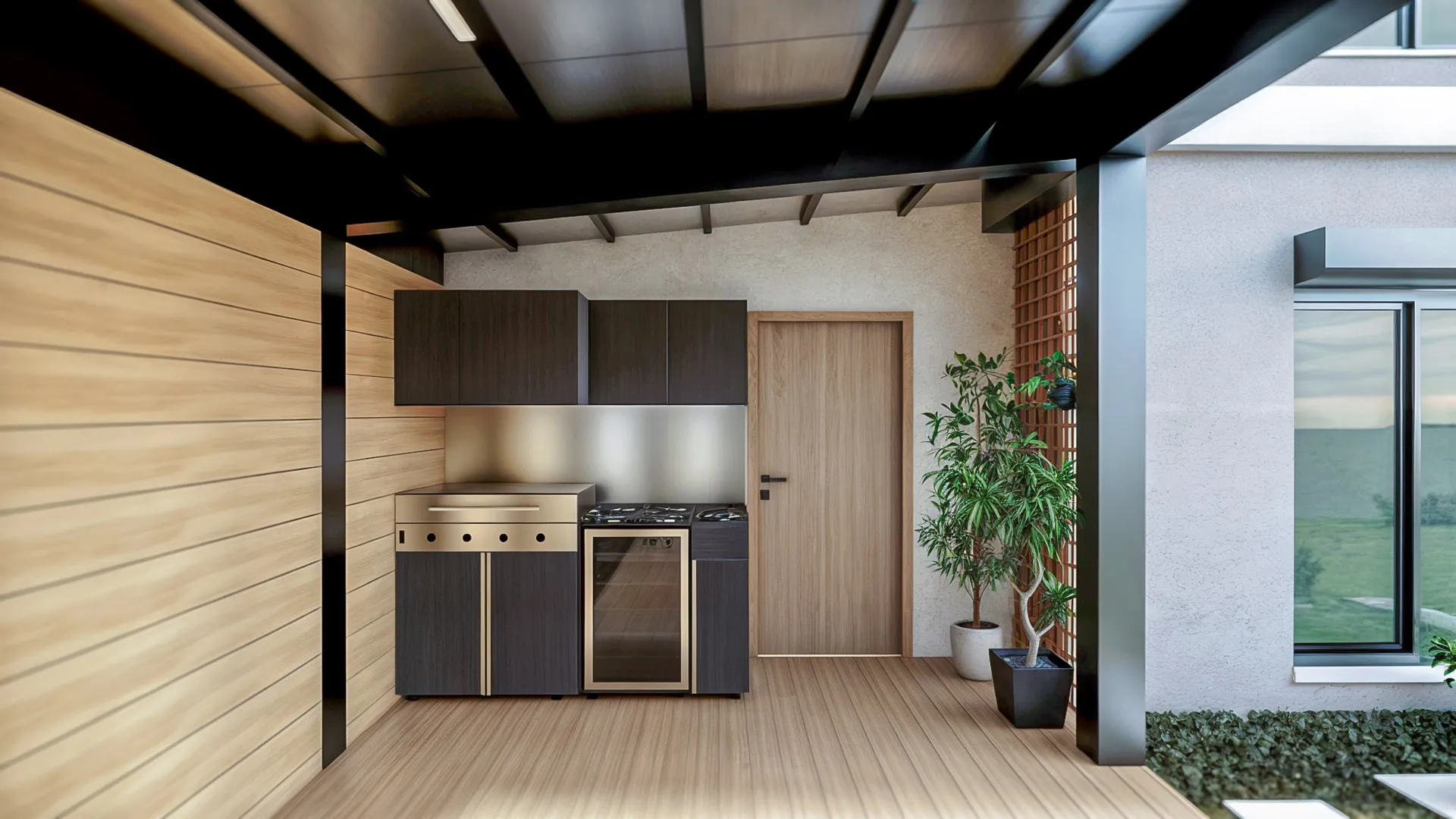 A semi-open seating and kitchen area has been designed in the garden area.
