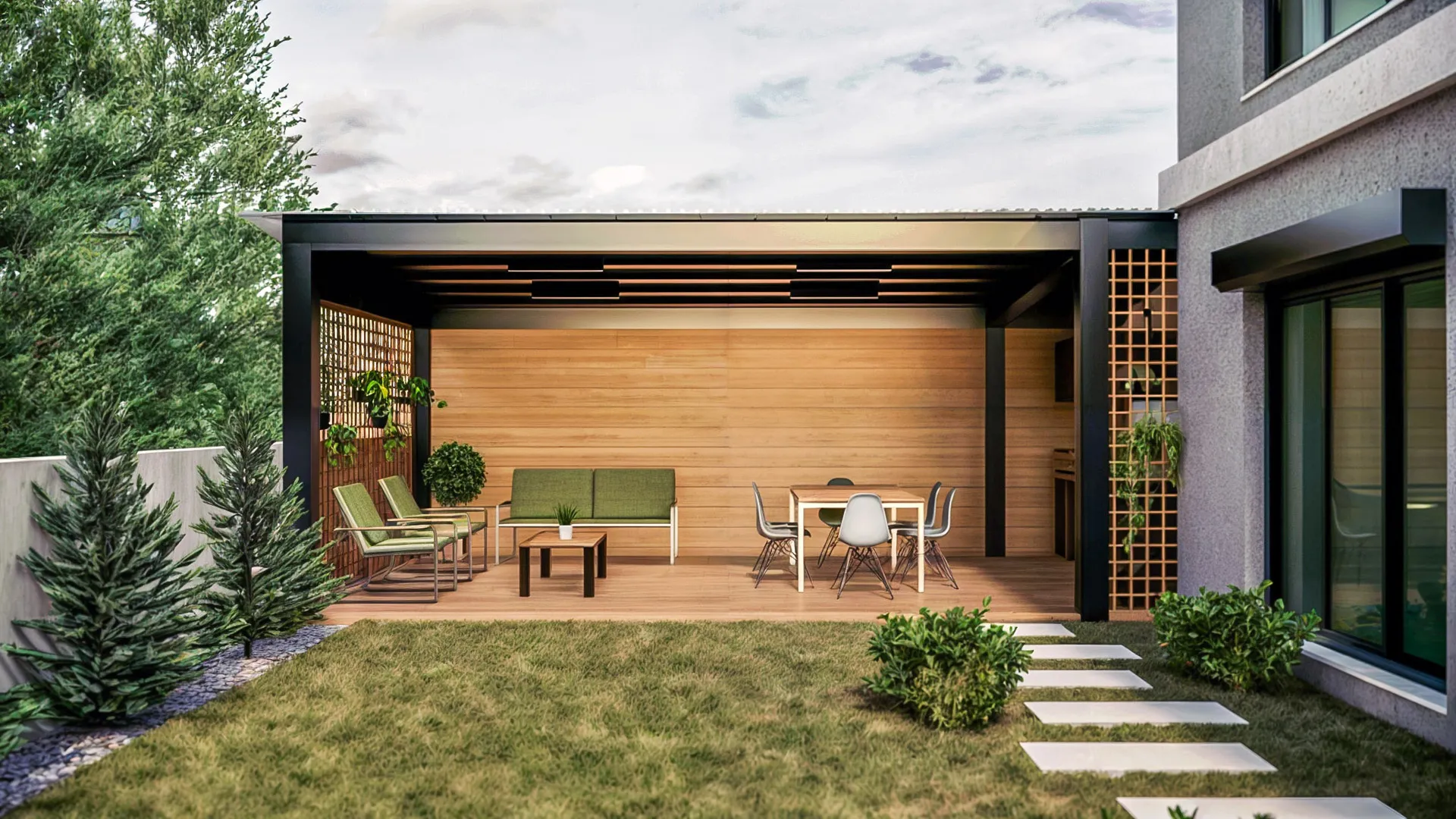 View from the garden to the semi-open seating area.